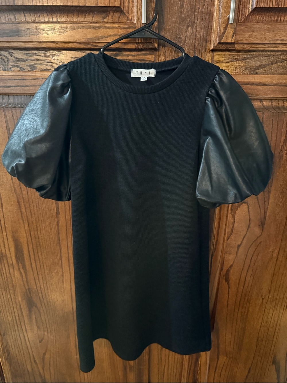 THML Black Puff Sleeve Knit Dress with Faux-Leather Sleeves